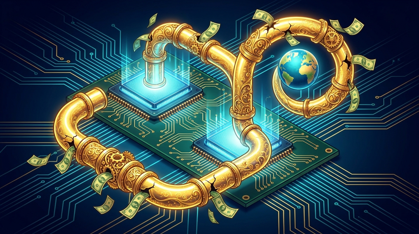 Illustration: absurd pipeline looping around the globe between two server chips
